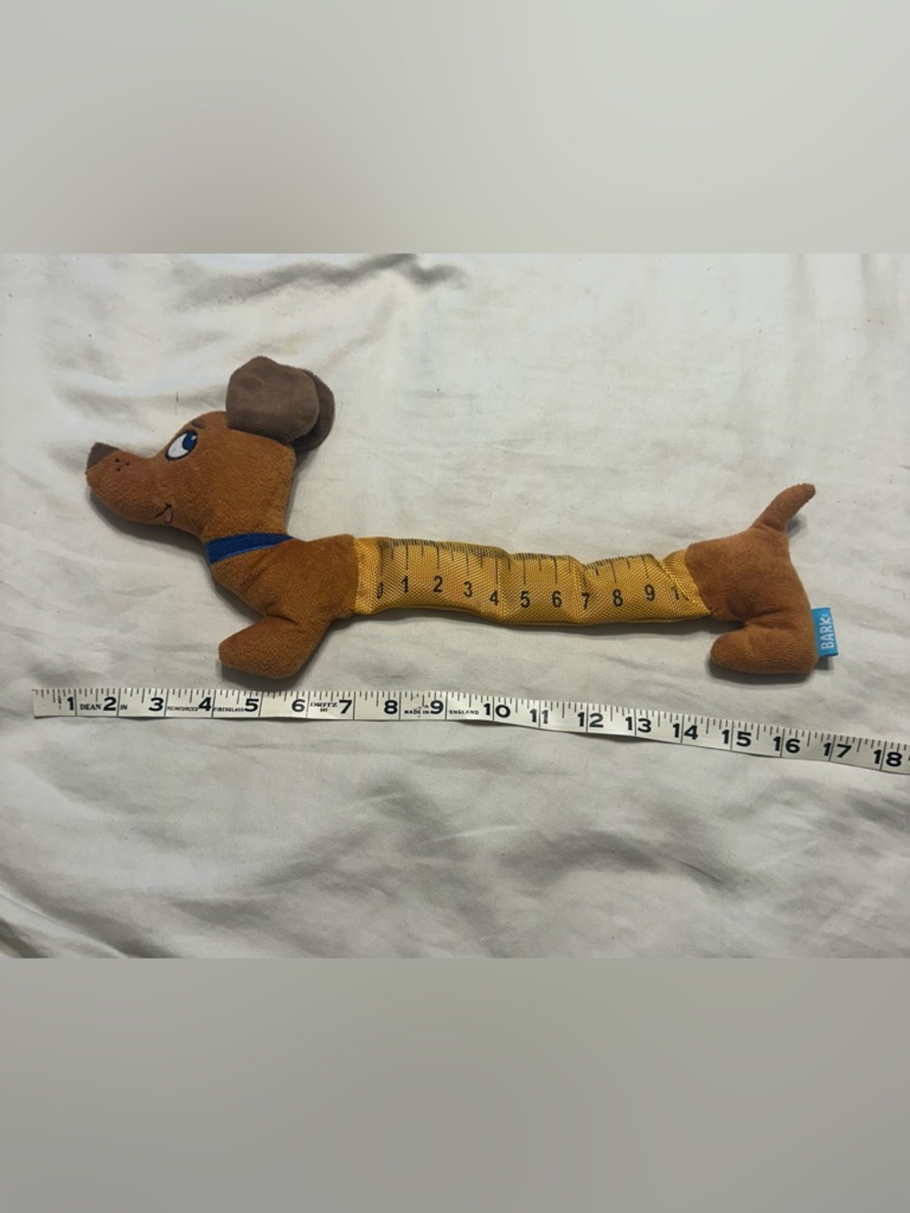 BARK BarkBox Incher the Dachshund Dog Toy Crinkle Squeaky Plush Measuring Tape